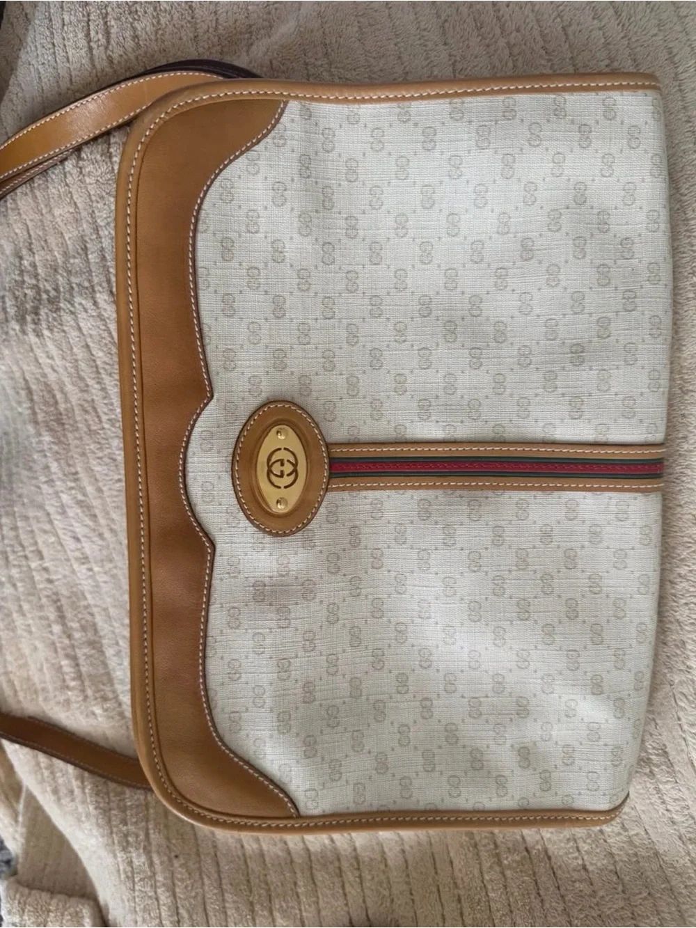GG Beige Canvas Messenger Bag with Tan Leather Trim and Stripe